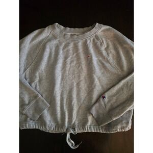 Champion Womens XL Gray Cropped Cinch Waist Raglan Fleece Sweatshirt Logo